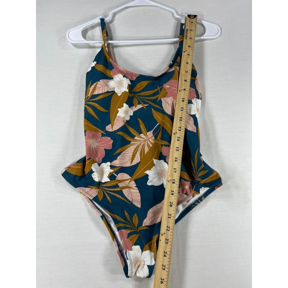 Kona Sol Womens Small Teal Tropical Floral Lace Up Back One Piece Swimsuit